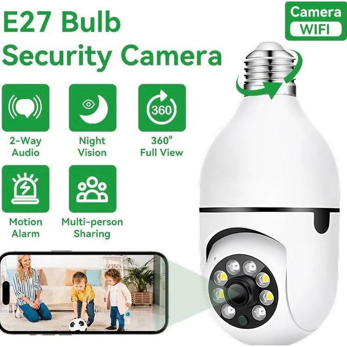 Wireless 1080P Light Bulb Camera with 360-Degree View, Wifi Connectivity, Night Vision for Home Security – White