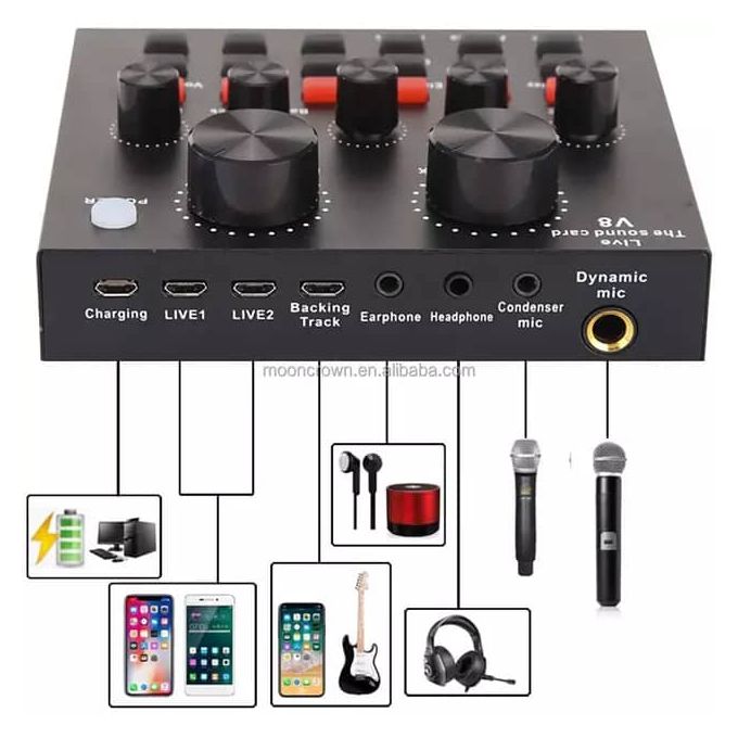 V8 Black Professional Studio Condenser Microphone Sound Card