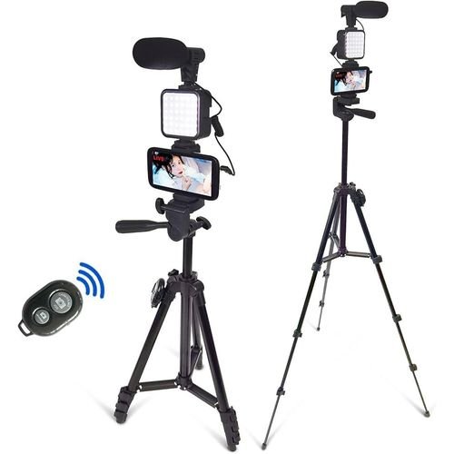 Buy Adjustable Camera and Phone Tripod Stand With LED Light, Microphone and Remote – Black