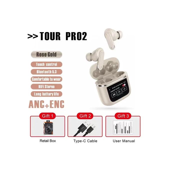 Tour Pro2 Wireless Earbuds with 21 Language Support, ENC Noise Cancellation, Extended Battery Life, In-Ear Design, LCD Smart Full Touch Screen, and TWS Technology
