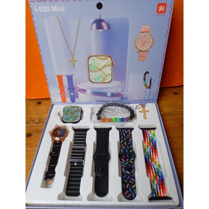 I-520 Mini Smart Watch 10: Black Bangle, Smartwatch, Analog Wristwatch, Gold Necklace, Beaded Bracelet, and Strap