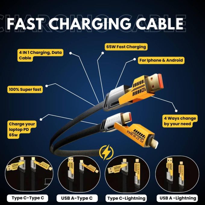 4-in-1 Multi-Function Data Cable, Super Fast Charging, Dual Type-C, 65W, Braided Nylon, PD27W - BLACK/YELLOW