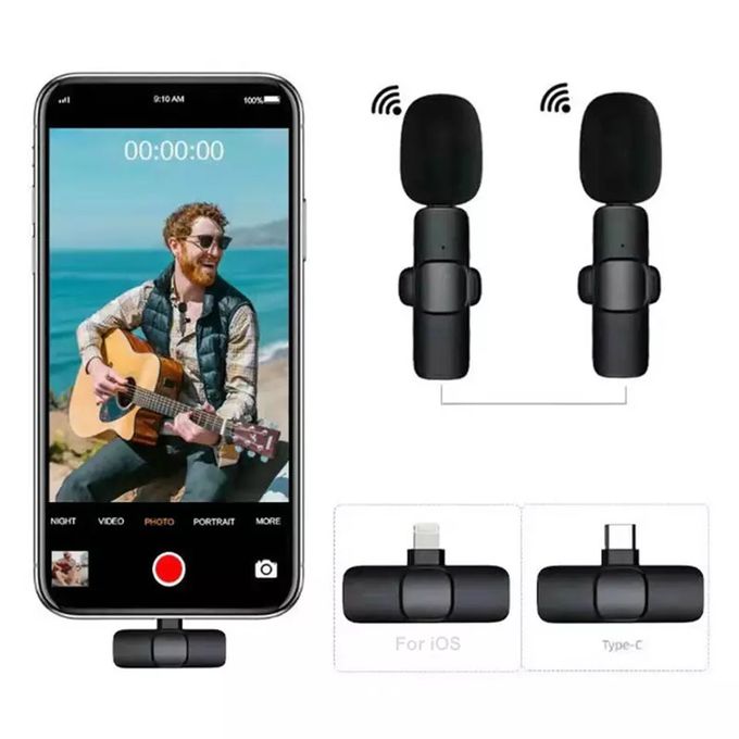 Compact 2-in-1 Wireless Lavalier Microphone for Audio and Video Recording – Compatible with iPhone and Android Devices – Black