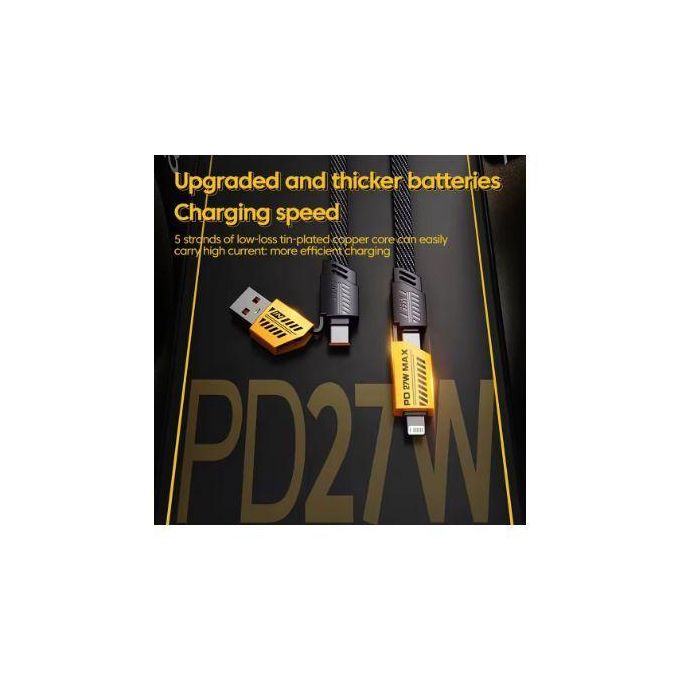 4-in-1 Multi-Function Data Cable, Super Fast Charging, Dual Type-C, 65W, Braided Nylon, PD27W – BLACK/YELLOW — product view 5