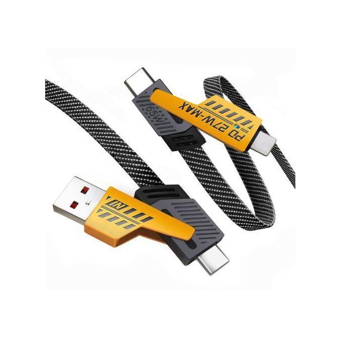4-in-1 Multi-Function Data Cable, Super Fast Charging, Dual Type-C, 65W, Braided Nylon, PD27W - BLACK/YELLOW