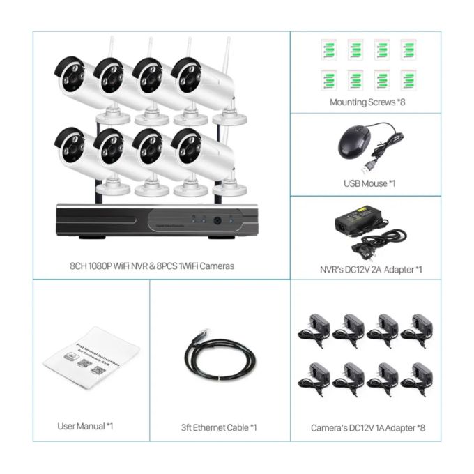 Wireless 8-Channel Home Security CCTV Camera System – White/Black