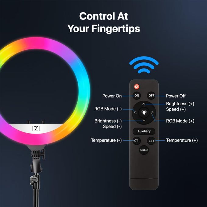 MJ45CM 18-Inch Black RGB LED Ring Light with Tripod Stand, Remote Control, and Phone Holder