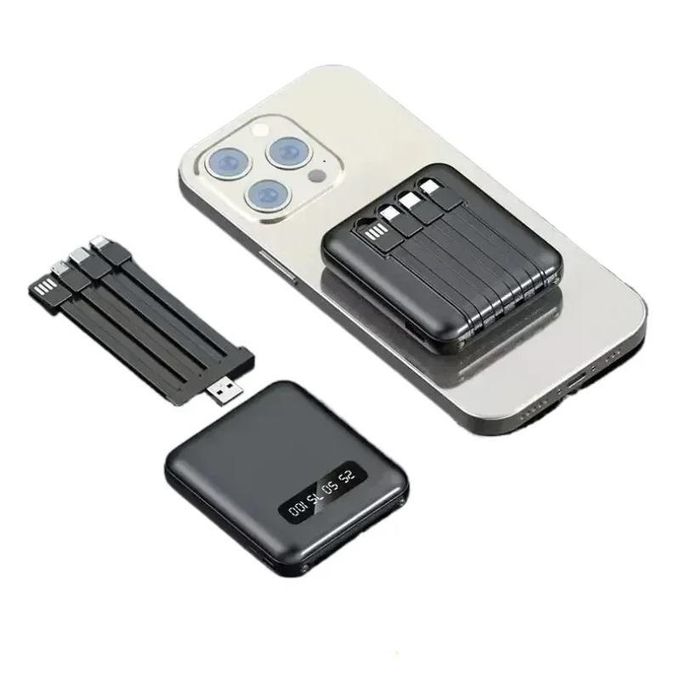 10000mAh Portable Power Bank with 4-in-1 USB Cables – Black