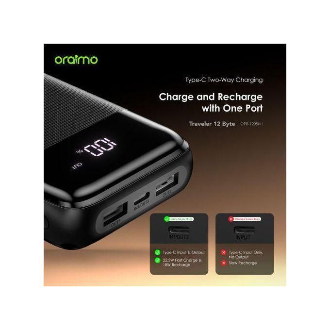 Oraimo 12 Byte 20,000mAh Power Bank with Large Power Display and 12W Fast Charging – Black