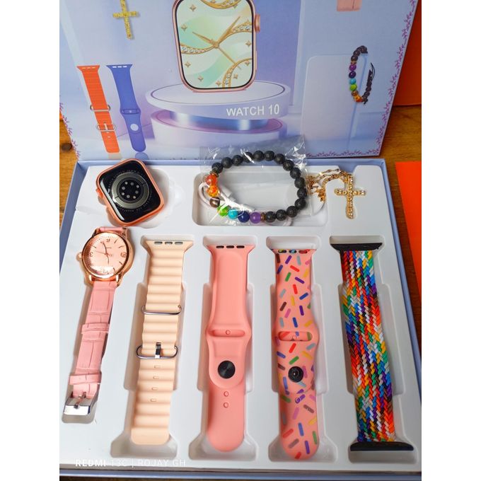 I-520 Mini Smart Watch 10: Pink Bangle, Smart Analog Wristwatch, Gold Necklace, Beaded Bracelet, and Strap