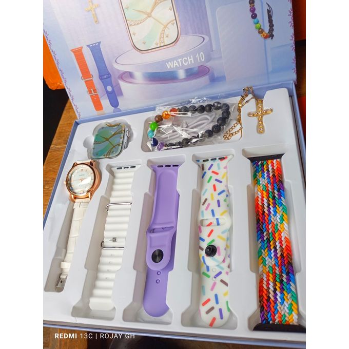 I-520 Mini Smart Watch 10, Bangle, Smart Watch, Analog Wristwatch, Gold Necklace, Beaded Bracelet, Strap – WHITE