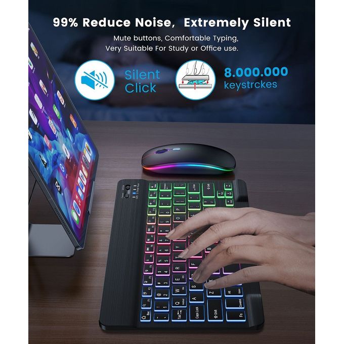 Wireless Bluetooth Keyboard and Mouse Set with Rechargeable Battery and Backlit Silent Design