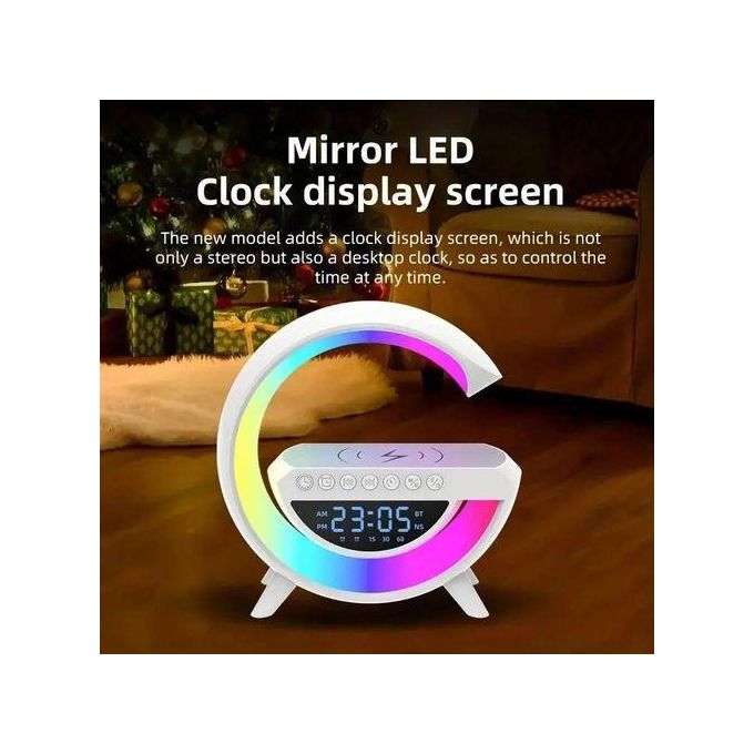 All-in-One LED Table Lamp: Wireless Phone Charging, Bluetooth Speaker, and Alarm Clock Features