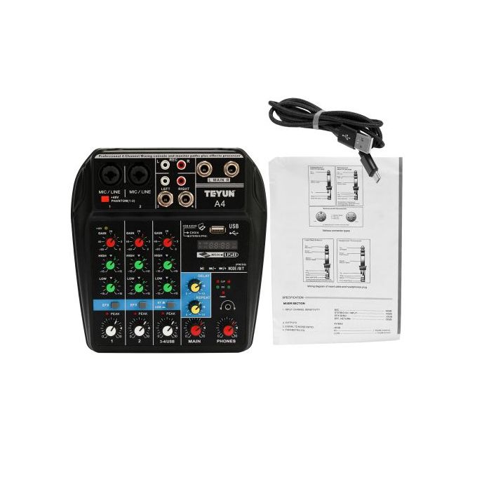 TE Professional 4-Channel Studio Audio Mixing Console with USB Ports – Black