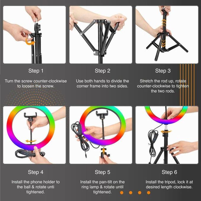 10-Inch MJ26CM RGB LED Ring Light with Tripod Stand and Phone Holder – Black