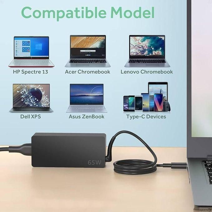 Lenovo 65W USB Type C Fast Charger with Free AC Fused Power Cord – Black