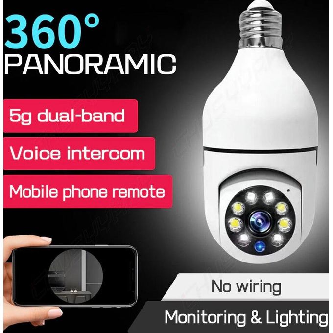 Wireless 1080P Light Bulb Camera with 360-Degree View, Wifi Connectivity, Night Vision for Home Security – White