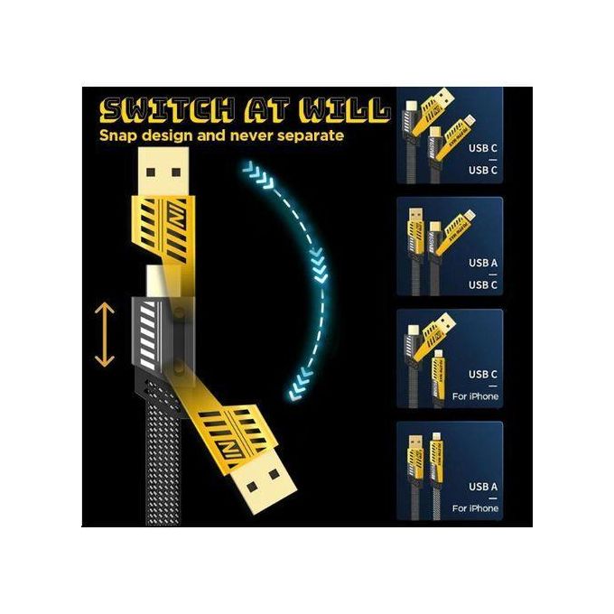 4-in-1 Multi-Function Data Cable, Super Fast Charging, Dual Type-C, 65W, Braided Nylon, PD27W – BLACK/YELLOW — product view 2