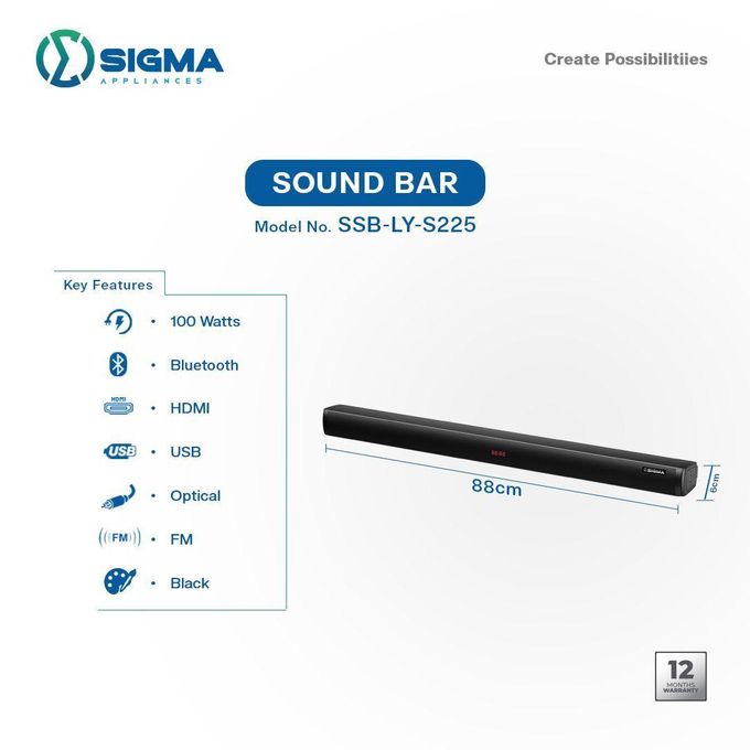 Sigma SSB-LY-S225 100W Sound Bar with Bluetooth, HDMI, USB, Optical, and FM - Black