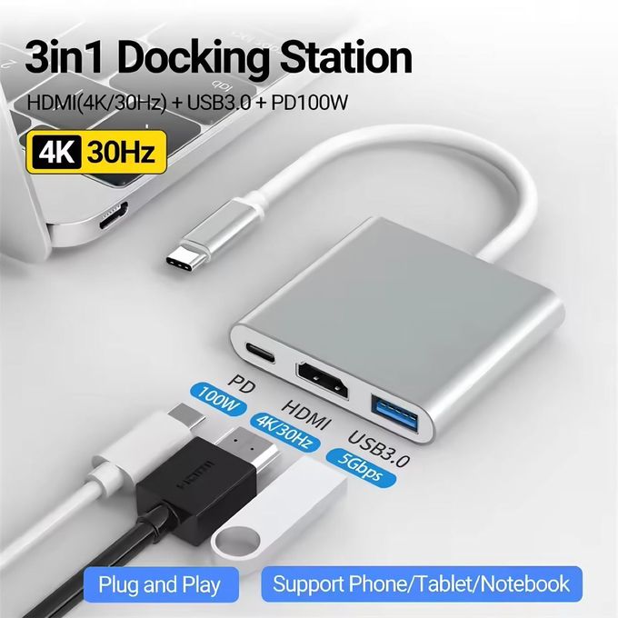 3-in-1 USB-C to HDTV Adapter – HDMI 4K, USB 3.0, USB-C PD in Silver
