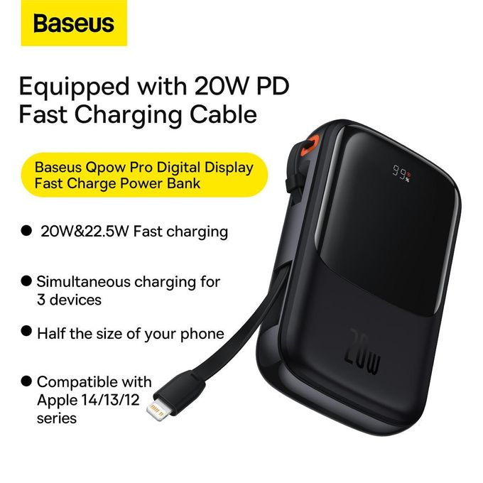 Baseus Qpow Pro 10000mAh Power Bank with Digital Display, 20W Fast Charging, iP Edition – Includes 0.3m Type-C 3A Charging Cable – Black — product view 4