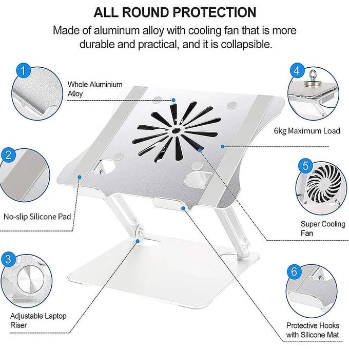 Foldable Adjustable Aluminum Alloy Laptop Stand with Cooling Fan – Non-Slip Holder for 10-17.3 inch Laptops – Silver — product view 4