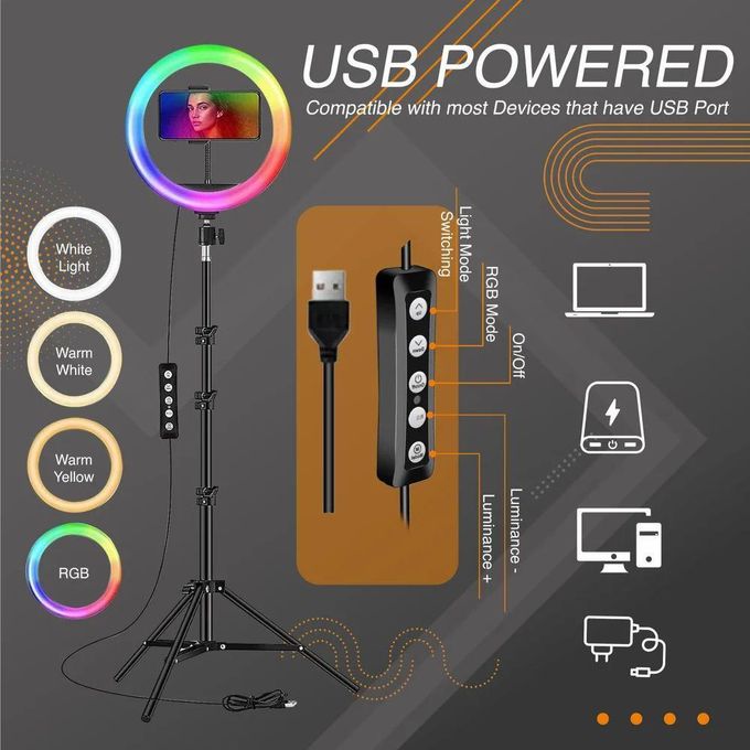 10-Inch MJ26CM RGB LED Ring Light with Tripod Stand and Phone Holder – Black