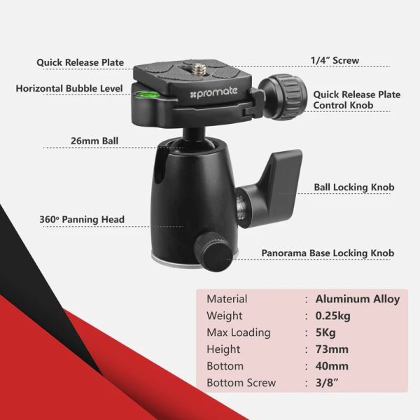 Promate 5-Section Aluminum Tripod for Travel Featuring Built-in Monopod