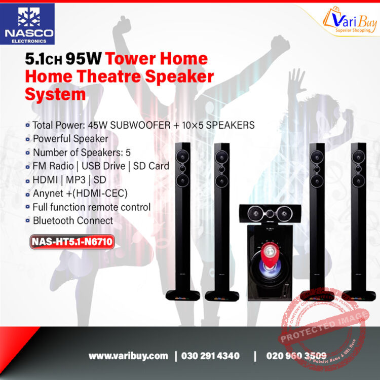 Nasco 95W Bluetooth 5.1 Home Theater Speaker System with Subwoofer | FM, USB, MP3, SD, Remote Control [NAS-HT5.1-N6710]
