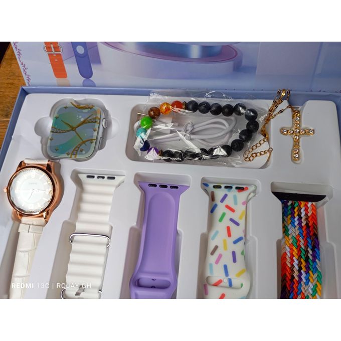 I-520 Mini Smart Watch 10, Bangle, Smart Watch, Analog Wristwatch, Gold Necklace, Beaded Bracelet, Strap – WHITE