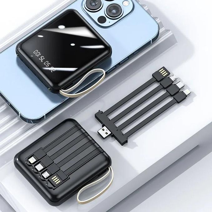 10000mAh Portable Power Bank with 4-in-1 USB Cables - Black