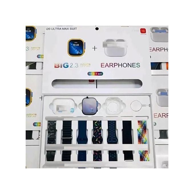 i20 Ultra Max 10-in-1 Bundle: Smartwatch + AirPods Pro 2 with Screen Protector and Seven Extra Multicolor Straps