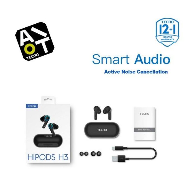 TECNO HiPods 3 – True Wireless Stereo Earbuds with Enhanced Active Noise Cancellation and IPX4 Rating, Featuring Touch Control and Bluetooth 5.0 – Black, Includes 13-Month Warranty