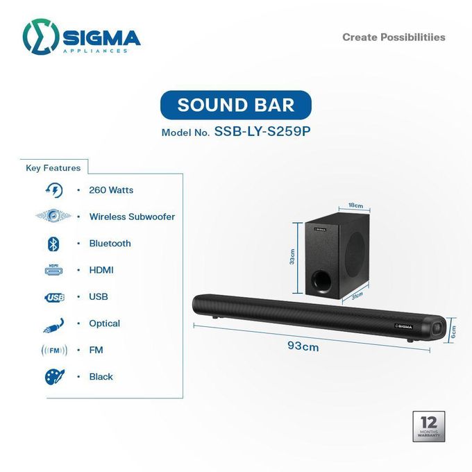 Sigma SSB-LY-S259P 260W Sound Bar with Wireless Subwoofer, Bluetooth, HDMI, USB, and FM – Black