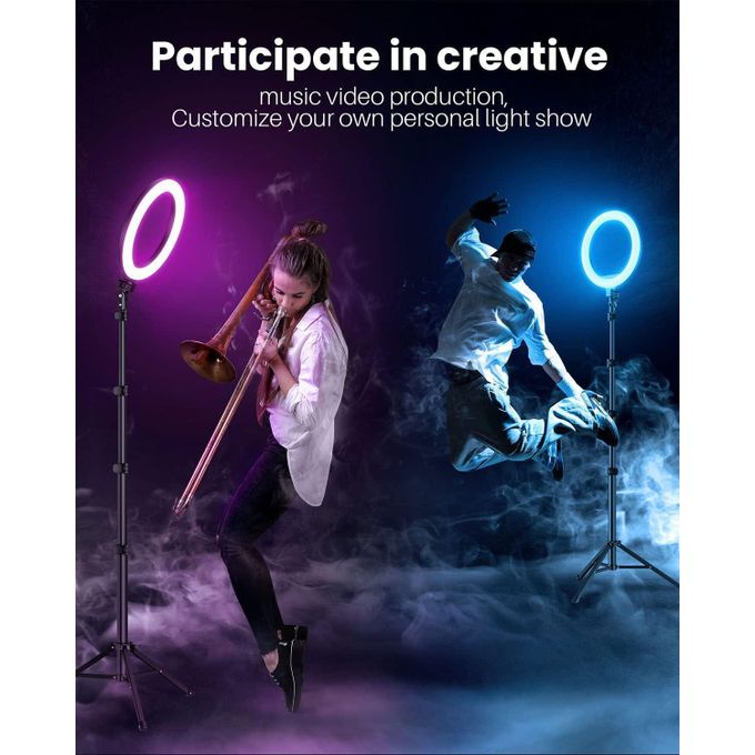 13-Inch RGB LED Ring Light MJ33CM with Tripod Stand and Phone Holder – Black