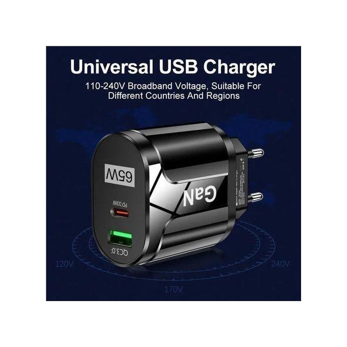 65W GaN PD Fast Charger, USB Wall Charger, Laptop Adapter – EU Plug