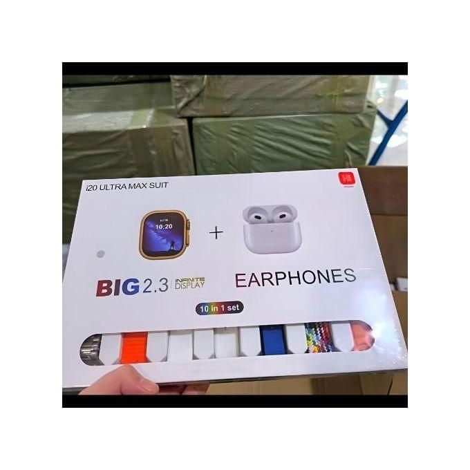 i20 Ultra Max 10-in-1 Bundle: Smartwatch + AirPods Pro 2 with Screen Protector and Seven Extra Multicolor Straps
