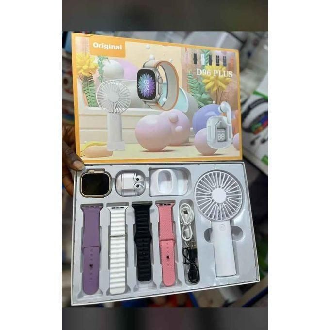 D96 Plus Smart Watch 6-in-1 Bundle Featuring Wireless Earbuds, Cooling Fan, and Various Straps