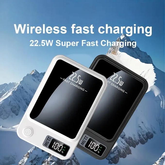 5000mAh Magnetic Wireless Power Bank – Slim and Lightweight Design, 15W Fast Wireless Charging with LED Display – White