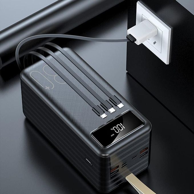 High-Capacity Outdoor Power Bank – 60000mAh with Four-Wire Mobile Charging and USB Cables – Black