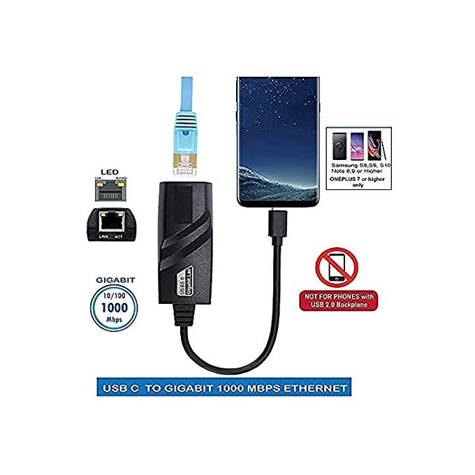 Black USB 3.0 Type-C Ethernet LAN Adapter – 10/100/1000Mbps Network Converter