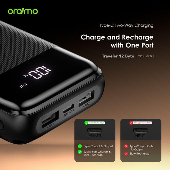 Oraimo Traveler 12 Byte 20000mAh High-Capacity Power Bank with 12W Fast Charging and Large Power Display