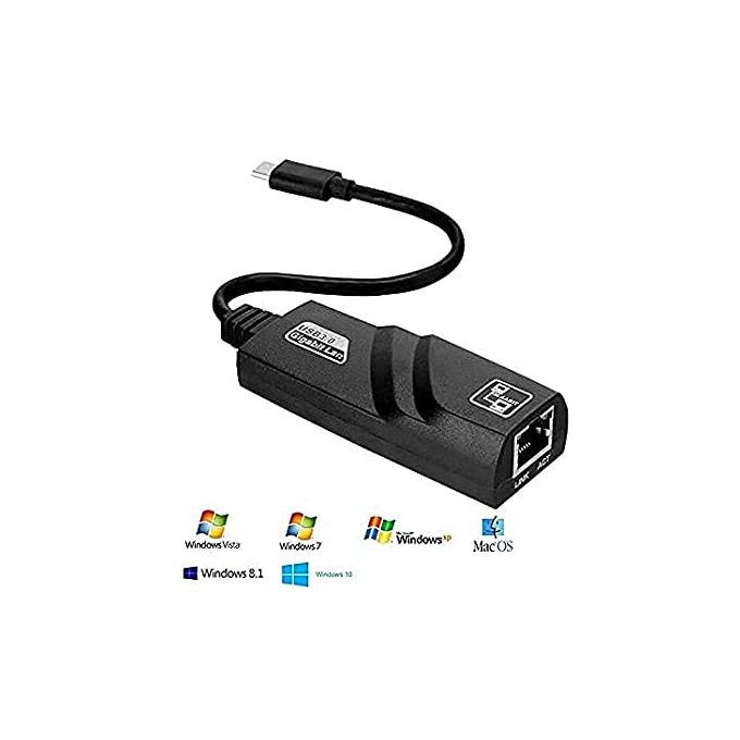 Black USB 3.0 Type-C Ethernet LAN Adapter – 10/100/1000Mbps Network Converter