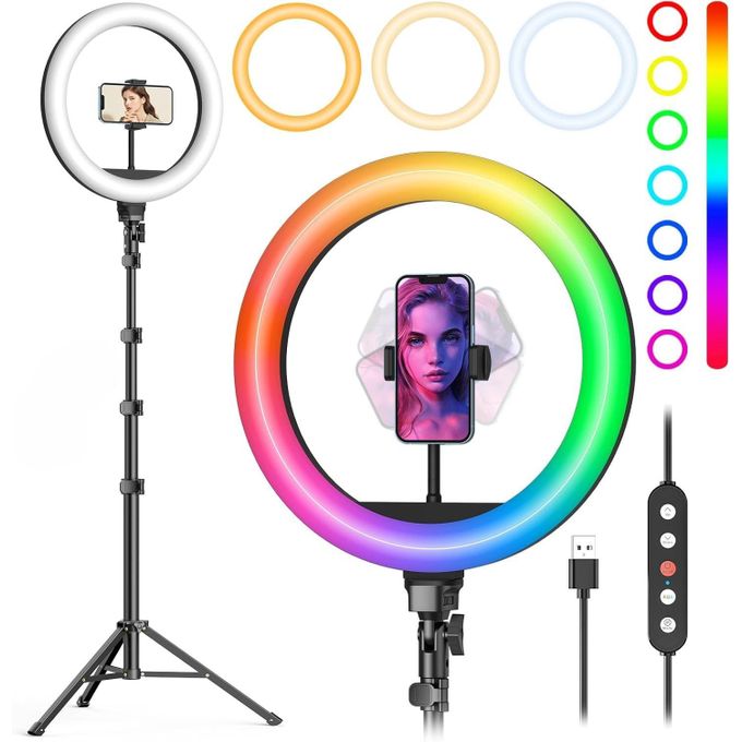 13-Inch RGB LED Ring Light MJ33CM with Tripod Stand and Phone Holder - Black