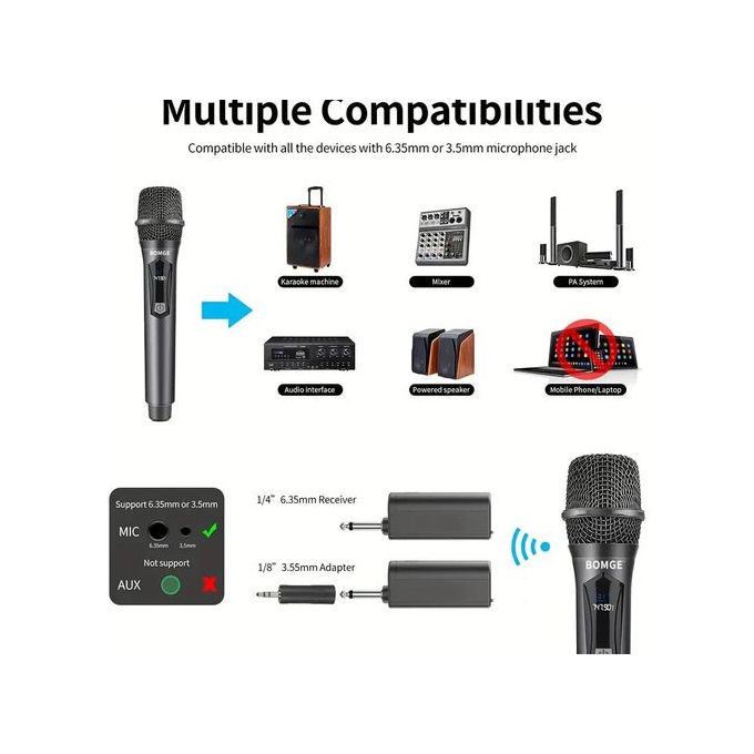 Bomge Dual VHF Cordless Dynamic Metal Wireless Handheld Microphone