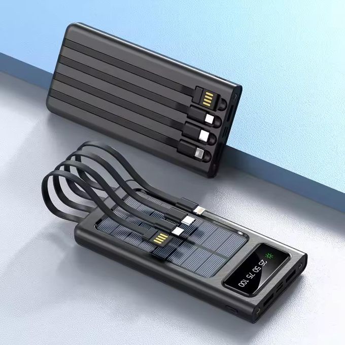 20,000mAh High-Capacity Solar Power Bank with USB 4 Data Cable, Ultra-Fast Charging, LED Light, Outdoor External Battery, Compatible with Multiple Mobile Phone Charging Ports