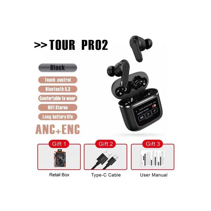 Tour Pro2 Wireless Earbuds with 21 Language Support, ENC Noise Cancellation, Extended Battery Life, In-Ear Design, LCD Smart Full Touch Screen, and TWS Technology