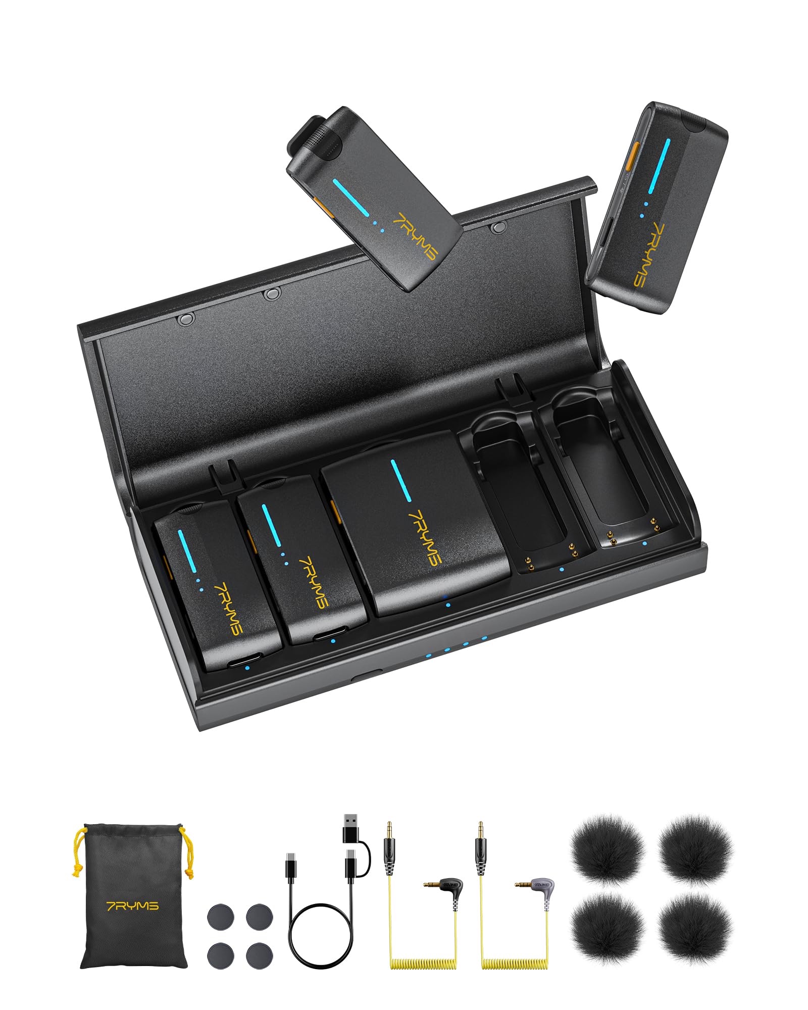 7RYMS iRAY DW40 Wireless Lavalier Microphone System - Includes 4 Transmitters and 1 Receiver, Features Noise Cancellation, 48kHz/24bit Audio Quality, 656' (200M) Range, Ideal...