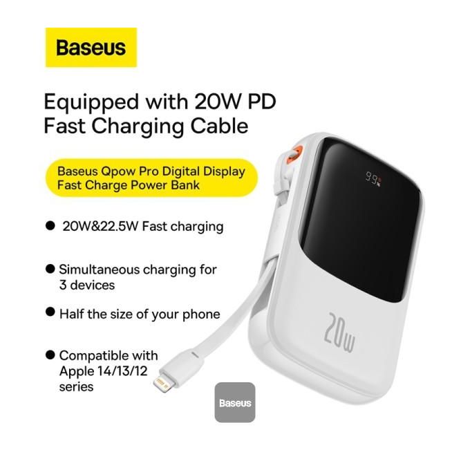 Baseus Qpow Pro 10000mAh Fast Charge Power Bank with Digital Display – 20W iPhone Edition, Includes 0.3m Type-C 3A Charging Cable – White
