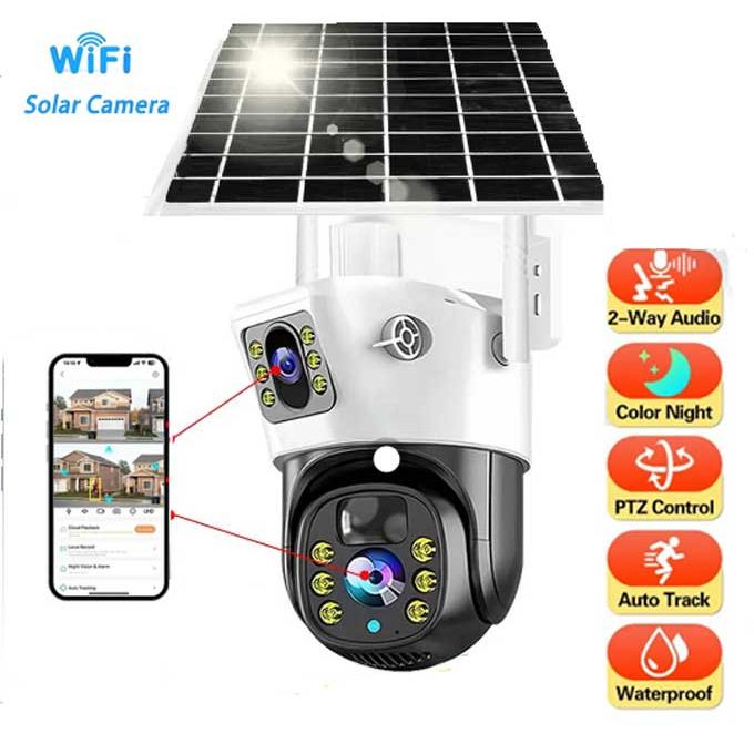 Dual Lens Solar Panel Camera with HD Night Vision and Wide Angle View